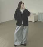 Loose Fit Two-Way Soft Embroidered Hood Zip-Up