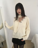 [Muffler SET] Seon Muffler Two-Way Button V-Neck Knit