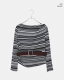 [Belt SET] Bomin Off-Shoulder Shirring Stripe Long Sleeve T-Shirt