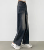 Elastic semi-wide washed denim pants XL Size