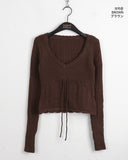 Nakky Vintage V-Neck Ribbon String Punching Ribbed Crop Long Sleeve Knit