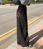 Raw Unique Red Stitch Heart Point Embroidery Wide Denim Pants