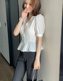 Betty V-neck Embossed Wrinkle Peplum Blouse