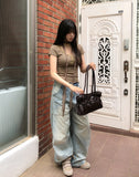 [Scarf SET] Mocha Lace Ribbed Short Sleeve Set