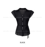 Rib Unbalanced Button Sheer Blouse
