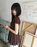 Kiaco Heart Neck Puff Ribbon Punching Short Sleeve Blouse