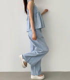 Striped flare string sleeveless wide banding pants two-piece