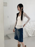 Petitron see-through ribbon strap long sleeve blouse