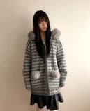 Levin Stripe Drop Knit Fur Hooded Cardigan