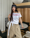 Royal lettering strap unbalanced shoulder short sleeves