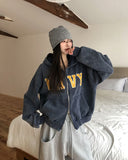 Navy Lettering Brushed Washing Hood Zip-Up