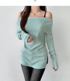 Boat Neck Off-Shoulder Knit Long Sleeve Slit Slim Fit T-Shirt