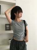 Taron String Side Slit Ribbon Strap Short Sleeve T-Shirt