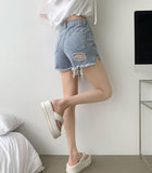 Summer Cutting Side Slit Ripped Denim Shorts