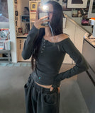 Tees Rib Button Unbalance Shoulder Long Sleeve