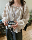 Lille Summer Check Ribbon Shirring Blouse