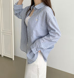 Seersucker Loose-fit Pendant Point Stripe Long Sleeve Shirt