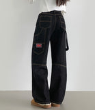 Carpenter Raw Union Jack Patch Stitch Long Wide Denim Pants