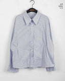 Wav Stripe Slim Button Shirring Cotton Two-Way Long Sleeve Shirt