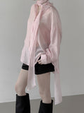 Sie Knot See-through Wrap Shirt Blouse
