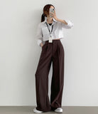 Hidden Banding Pin Tuck Long Wide Span Slacks Pants