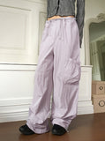 Sinjeu String Pocket Nylon Two-Way Long Wide Pants