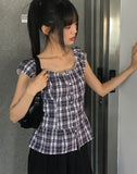 Benha Check Puff Frill Sleeveless Blouse