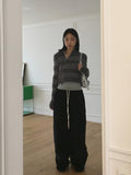 Near angora fur color matching stripe two-way diagonal zipper long sleeve knit