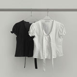 Petite Tie Puff Sleeve Crop Short Sleeve Blouse