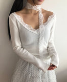 [Scarf Set] Kimen Lace Brushed Crop Long Sleeve T-Shirt
