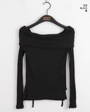 Twill Ribbon Strap Off-Shoulder Slit Cropped Long Sleeve T-Shirt