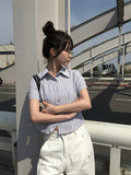 Karen Stripe Short Sleeve Collar Slim Shirt