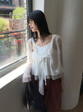 Hajeu ribbon tie strap flare sleeveless blouse