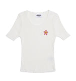 Pink Flower Dot Embroidery Crop Short Sleeve Knit