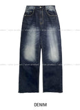 (UNISEX) Navy Cheek Washing Wide Denim