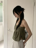 Folp button shirring cotton tank top tube top