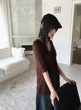 Pamil Vintage V-Neck Button Pleated Half-Length Short-Sleeved T-Shirt