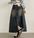 Simple Casual A-line 4-season Curved Line Denim Long Skirt