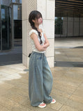 [A/M] Ruched Side Pintuck Washing Wide Denim Pants
