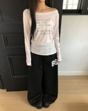 Dokken Lettering See-through Off-shoulder Long Sleeve T-shirt