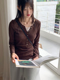 Toot lace layered button ribbed long sleeve knit