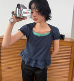 STRIPE HALTER FRILL TEE