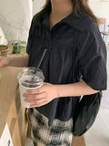 Ryuke nylon shirring collar short sleeve blouse