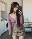 Odd Snap Deep V-Neck Stripe Long Sleeve