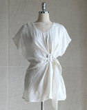 [Two-piece set] Lydia Belt Strap Linen Tee Blouse Banding Flare Skirt