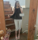 Back Pocket Capri Three Quarter Span Slit Cotton Pants