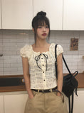 Melville Dot Wrinkle Puff Short Sleeve Blouse