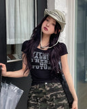 With Vintage Lettering Slim U-Neck Short Sleeve