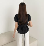 Summer Lace Pattern Puff Short Sleeve Ribbon Blouse
