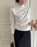 Dielb Half Neck Unbalanced Drape T-Blouse